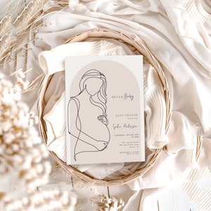 Edytowalny szablon zaproszenia na baby shower z brzuszkiem | Eleganckie zaproszenie w kolorze beżowym w ciąży | Neutralny pod względem płci zarys sztuki ciążowej S638