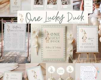 One Lucky Duck Birthday Template Bundle - Editable Duck Invitation & Decor 1st Birthday Package S741