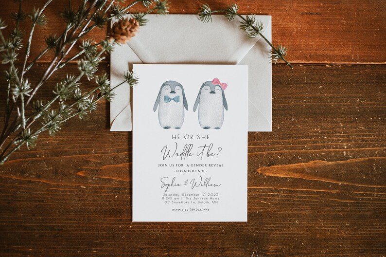 Pink or Blue Bow Waddle it Be He or She Editable Winter Gender Reveal Invite Template Penguin Gender Reveal Invitation