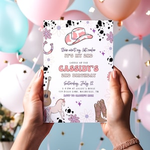 Editable 2nd Rodeo Birthday Invitation | Our Little Cowgirl is Two 2nd Birthday Party Invite Template Pink & Purple Western Second Bday S432