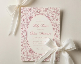 May include: A pink and white baby shower invitation with a floral pattern. The invitation reads "Join us for a Baby Shower honouring Olivia Anderson, Saturday, May 12th, 3PM at The Toile Ranch, 129 Royal Lane, Boxville".