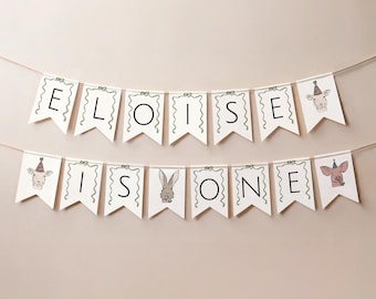May include: A decorative banner spelling out "Eloise is One" on white pennants. Each pennant is strung on a thin string and has a wavy green border. Some pennants feature animal illustrations.