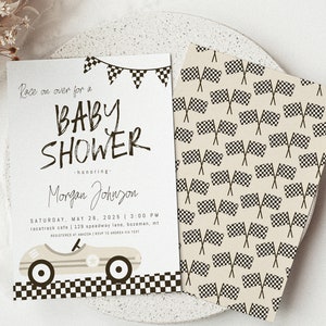 Editable Race Car Baby Shower Invitation Template | Beige Racing Boy ...