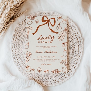 Lokaal gekweekte babyshoweruitnodiging - bewerkbare sjabloon | DIY genderneutrale boerenmarkt babyshower afdrukbare handgetekende uitnodiging S831