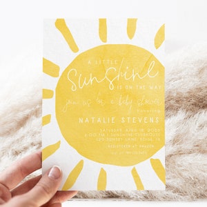 Editable Sunshine Baby Shower Invitation | Yellow A Little Sunshine is on the Way Template Invite Muted Sun You are my Sunshine S277