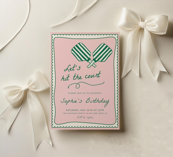 Pickleball Birthday Invitation - Editable Template | DIY Pink & Green Hand Drawn Pickleball Birthday Party Invite | Let's Hit the Court S841