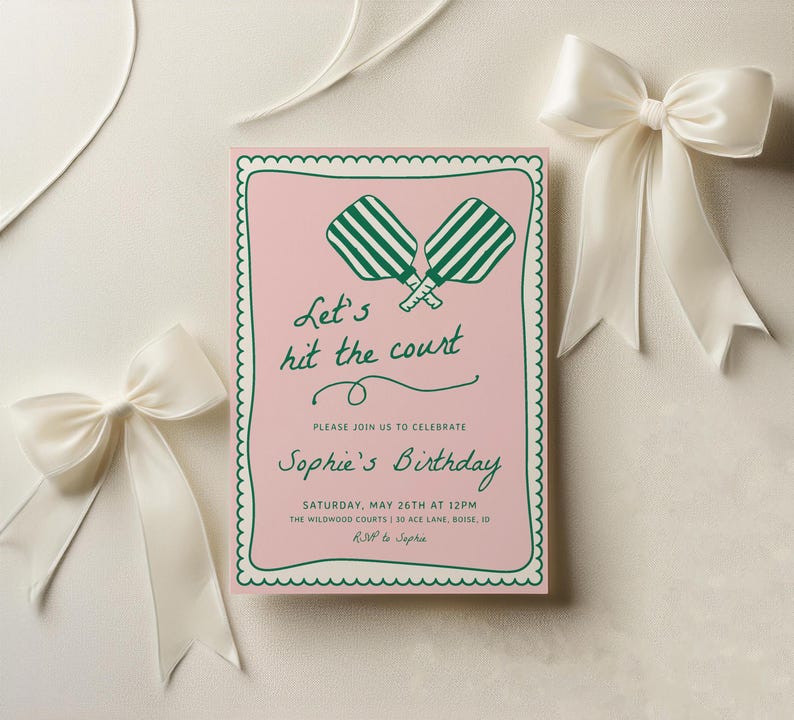 Pickleball Birthday Invitation - Editable Template | DIY Pink & Green Hand Drawn
