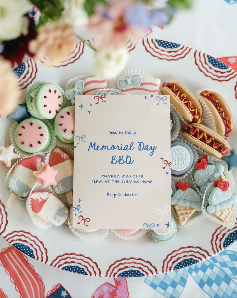 Memorial Day BBQ Invitation Template | Editable Red White and Blue Bows ...