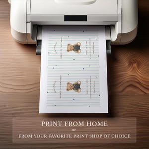 May include: A white printer printing two invitations with a teddy bear design. The invitations have blue stripes, stars, and the text "Noah's 1st Birthday." The bottom of the image reads "Print from Home or From Your Favourite Print Shop of Choice."