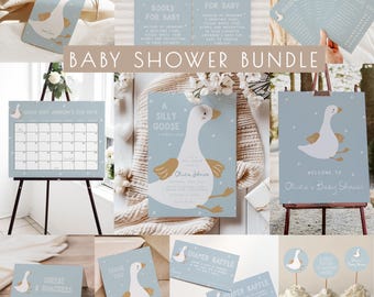 Paquete de baby shower con temática de gansos para niño - Plantillas editables / Paquete imprimible DIY "Un ganso travieso está a punto de soltarse" / "Un ganso está en camino" S826