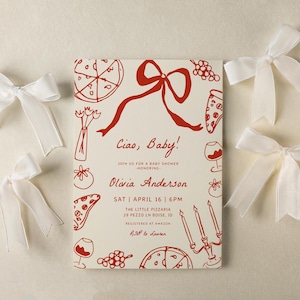 Ciao, modello di invito per baby shower / Invito per baby shower a forma di pizza disegnata a mano modificabile / Invito per baby shower a forma di fetta italiana S761
