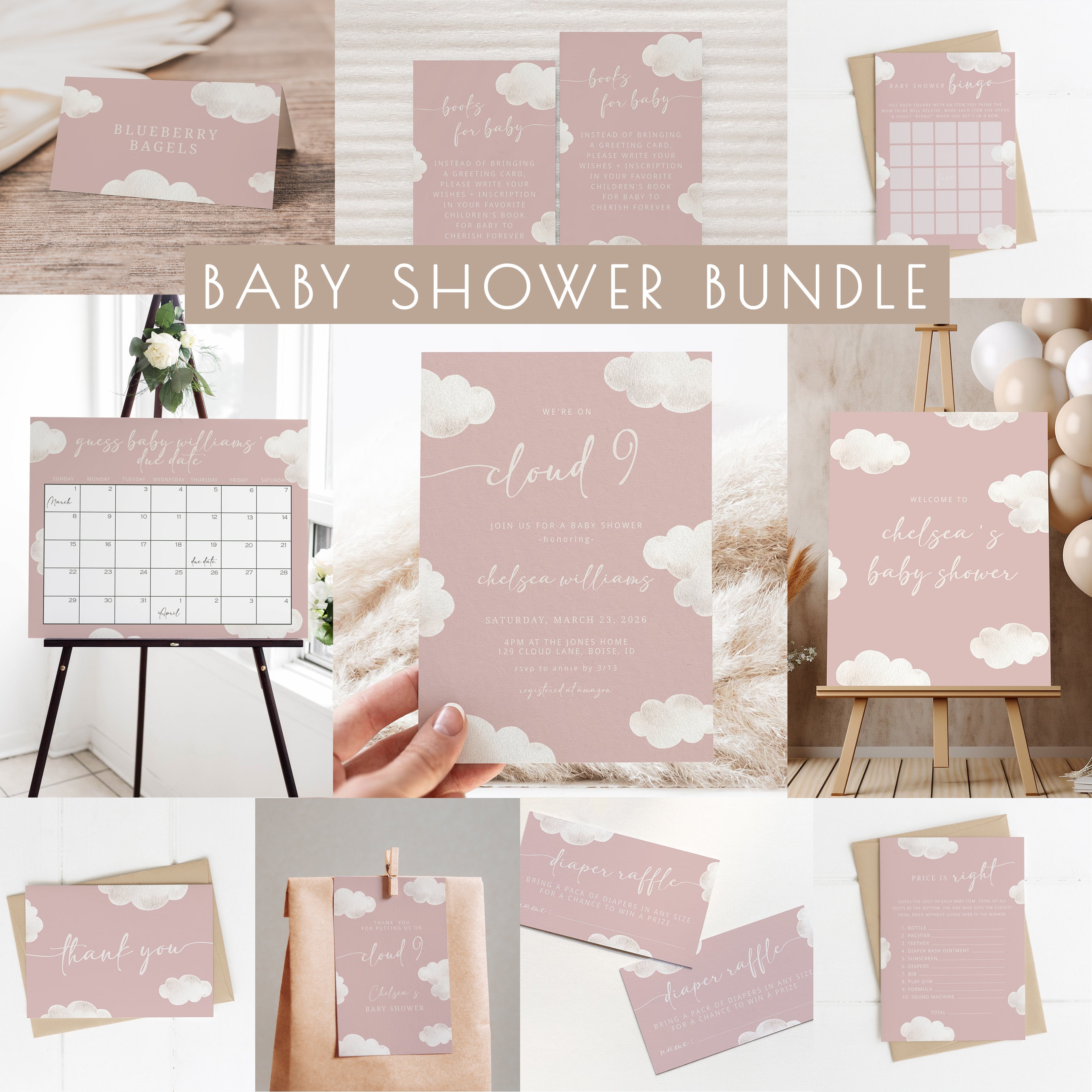 Cloud 9 Baby Shower Bundle Editable Templates | We're on Cloud Nine Girl Baby Shower Invite Games Decor Package S524