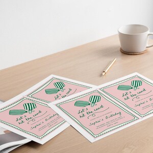 May include: Four pink and green invitations with the text "Let's hit the court" and "Sophia's Birthday".