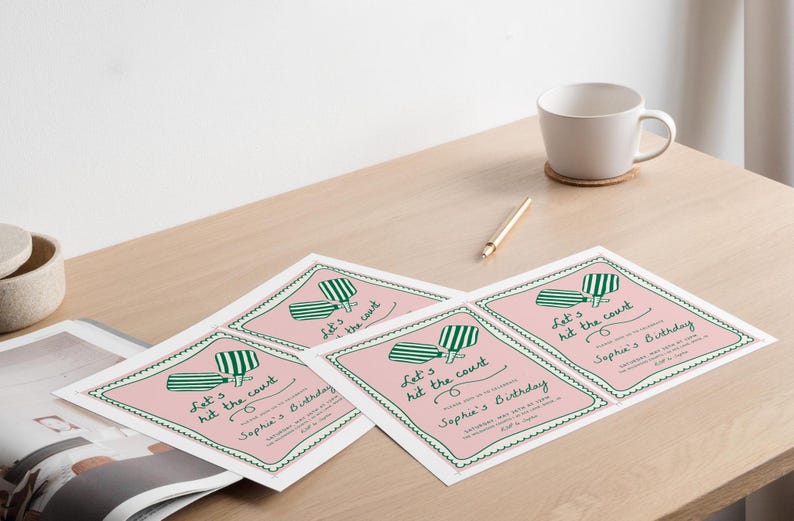 May include: Four pink and green invitations with the text "Let's hit the court" and "Sophia's Birthday".