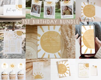 Sunshine 1st Birthday Bundle Editable Template Set | Our Little Sunshine is One First Birthday Invite and Decor Package  S239