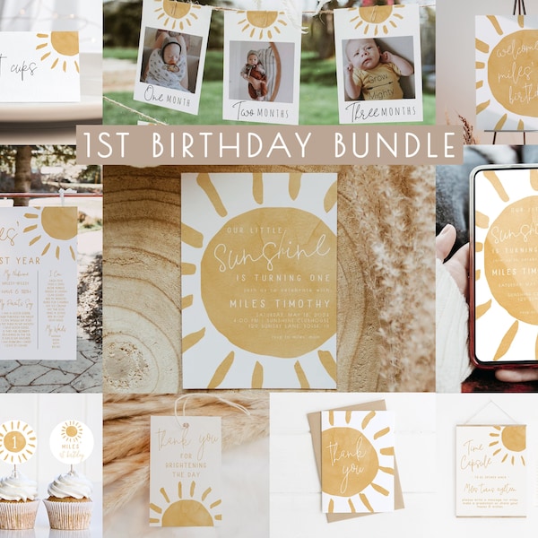 Sunshine 1st Birthday Bundle Editable Template Set | Our Little Sunshine is One First Birthday Invite and Decor Package  S239