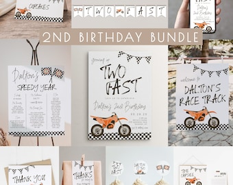 Paquete de plantillas editables para cumpleaños de Dirt Bike TWO Fast en naranja / Juego de decoración para segundo cumpleaños de carreras / Niño 2 Fast S396