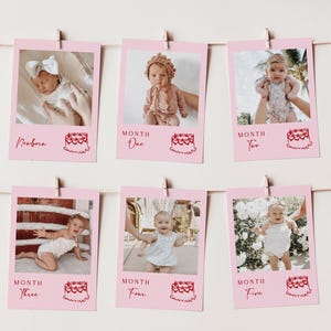 Bow 1st Birthday Photo Banner Template | Coquette Girly Bow Month by Month Picture Banner | 12 Months of Me First Year Decor S652