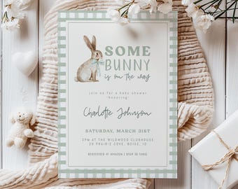 Some Bunny Baby Shower Invitation Template | Editable Green Some Bunny is on the Way Printable Invite | Bunny Rabbit Baby Shower S777