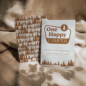 Editable One Happy Camper Birthday Invitation Template | National Park Sign 1st Birthday Invite | Orange Camping First Birthday S384