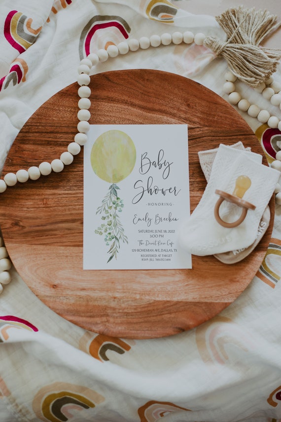Yellow Baby Shower Invitation | Ready to Pop Gender Neutral Invite | Greenery Balloon Editable Template Baby Sprinkle S512