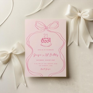 Bow 21st Birthday Invitation Template | Editable Hand Drawn Preppy Twenty-first Birthday Party Invite | Pink Coquette Bday Invite S681