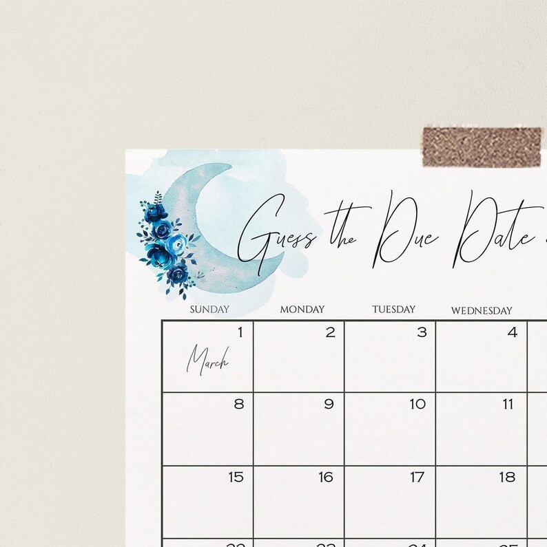 S121 Guess Baby/'s Due Date Calendar Baby Shower Sign Editable Template Instant Download Boy Over the Moon Baby Shower Game
