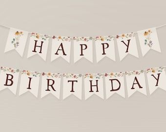 Wildflower Birthday Banner Template | Printable Little Wildflower Happy Birthday Pennant Sign | Editable Floral 1st Birthday Decor S445