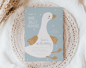 ONE Silly Goose 1e verjaardagsuitnodiging: bewerkbare sjabloon | DIY One Silly Goose Boy afdrukbare uitnodiging eerste verjaardagsfeestje S826