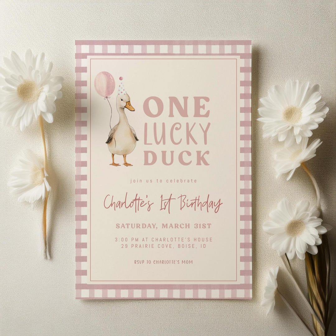 One Lucky Duck Birthday Invitation Template Editable Girl 1st Birthday Pink Printable Invite Duck First Birthday S731 - Etsy Japan