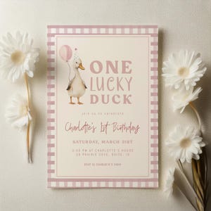One Lucky Duck Birthday Invitation Template | Editable Girl 1st Birthday Pink Printable Invite | Duck First Birthday S731