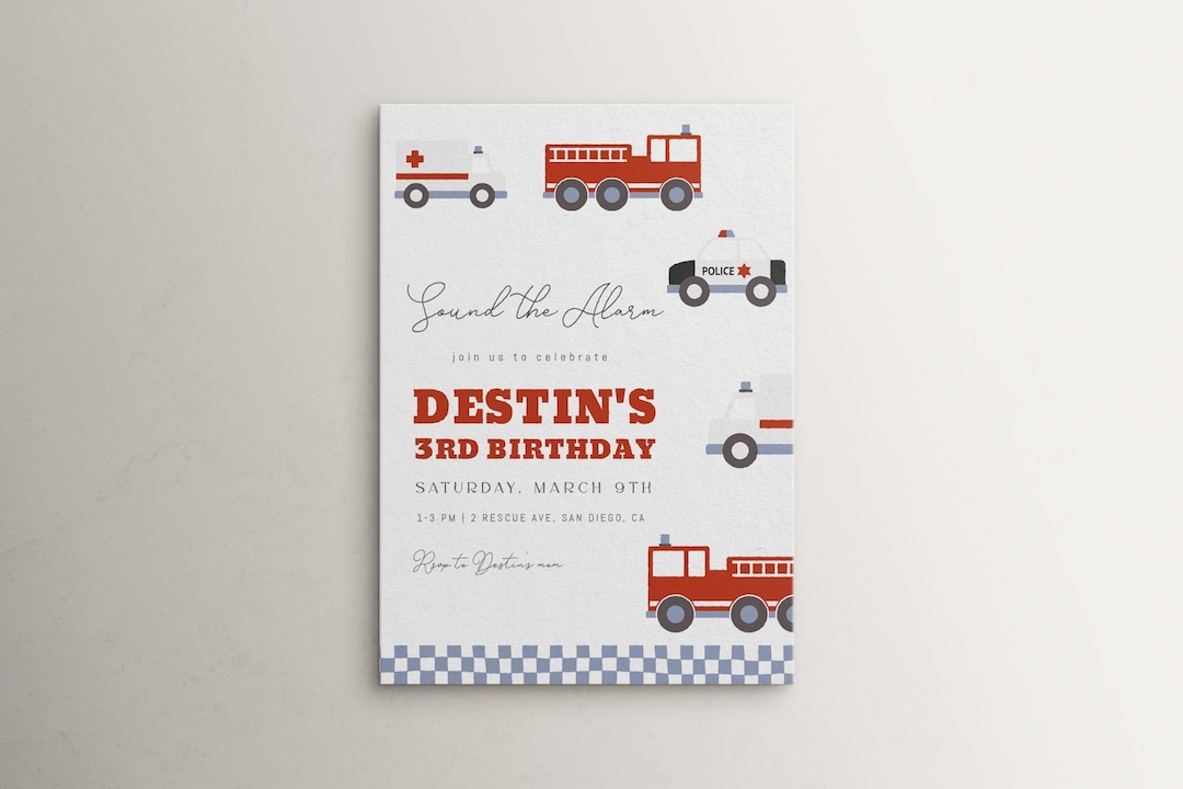 Emergency Vehicle 3rd Birthday Invitation Template | Editable Sound the ...