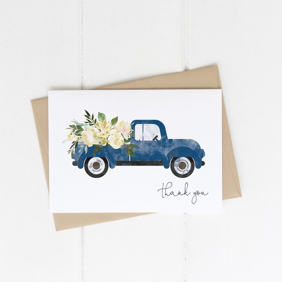Floral Blue Truck Thank You Card Template Printable Boy Baby | Etsy