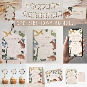 Dinosaur 3rd Birthday Bundle | Editable THREE REX Birthday Party Invite and Decor Template Package | Stomp Chomp Roar Boy Dino Set S599