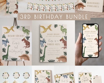 May include: A 3rd birthday party bundle with a dinosaur theme. The bundle includes a welcome sign, invitation, thank you card, cupcake toppers, a sign for a guest book, a time capsule, and a list for the time capsule. The graphics feature watercolor dinosaurs in shades of green, brown, and blue.