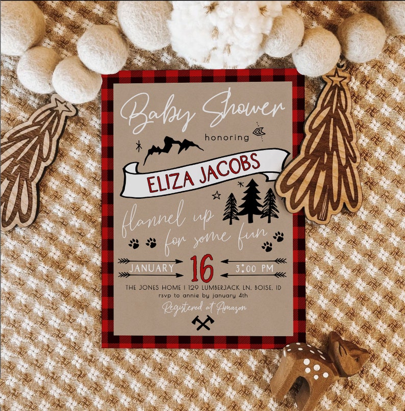 Editable Lumberjack Baby Shower Invitation Template Buffalo Etsy