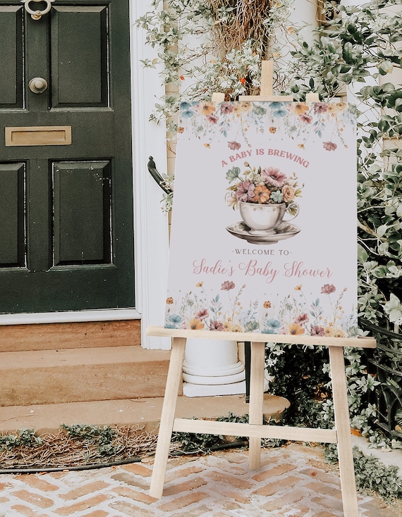Tea Party Welcome Sign Template | Editable A Baby is Brewing Baby Shower Welcome Sign Decor S588