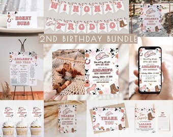 Paquete de plantillas editables para el segundo cumpleaños de niña con temática de rodeo / Invitación con foto de vaquera espacial y temática del oeste para el segundo cumpleaños con temática de rodeo + paquete de decoración S281
