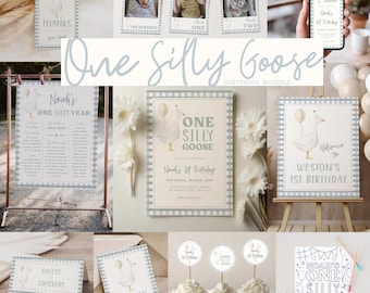 One Silly Goose Birthday Template Bundle | Editable Goose Invitation & Decor 1st Birthday Templates for Boy First Birthday Package S715