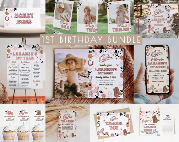 Girl 1st Rodeo Birthday Bundle Editable Invitation Template Set | Cowgirl Western First Rodeo Birthday Decor Package  S281