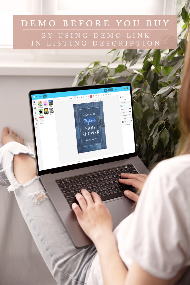 May include: A laptop displaying a baby shower invitation design with the text "Taylor's BABY SHOWER." The screen also shows the text "DEMO BEFORE YOU BUY BY USING DEMO LINK IN LISTING DESCRIPTION."