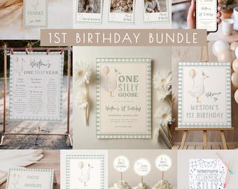 One Silly Goose Birthday Template Bundle | Editable Goose Invitation & Decor 1st Birthday Templates for Boy First Birthday Package S712