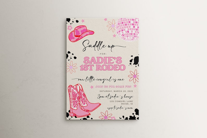 Girl 1st Rodeo Birthday Invitation Template Editable Our Little Cowgirl is One Disco Cowgirl Disco Western First Birthday Invite S536 image 1