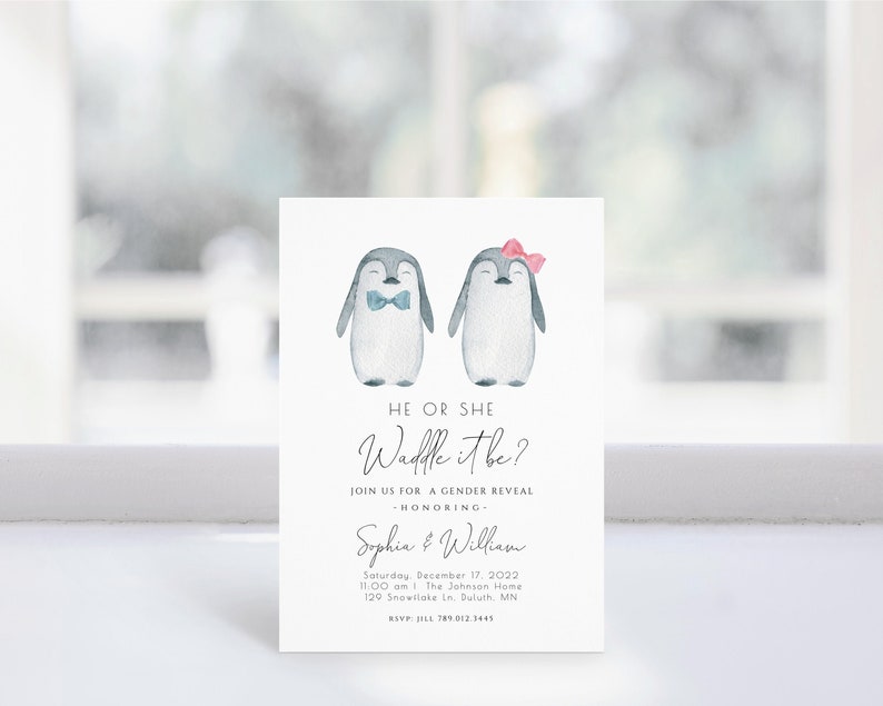 Pink or Blue Bow Waddle it Be He or She Editable Winter Gender Reveal Invite Template Penguin Gender Reveal Invitation