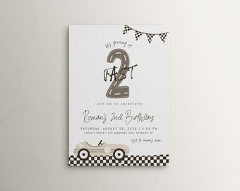 Editable TWO Fast Birthday Invitation Template | Vintage Race Car 2nd Birthday Invite | Beige Growing Up Two Fast Second Bday Invite S505