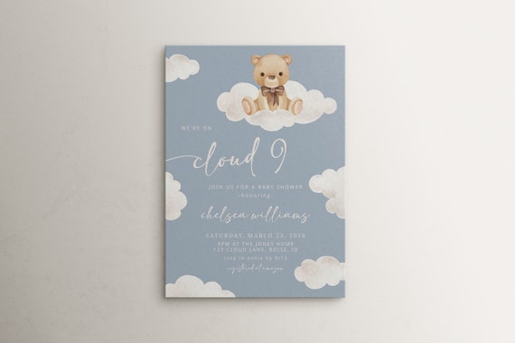 Cloud 9 Baby Shower Invitation Template | Editable We're on Cloud Nine Boy Bear Baby Shower Printable Invite | Bearly Wait S531