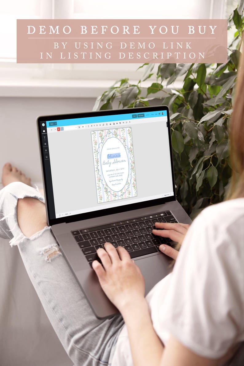 May include: A laptop computer displaying a baby shower invitation with a blue and pink floral design. The invitation reads "Gliviaa Baby Shower" and includes the date and time of the event. The laptop is on a person's lap.