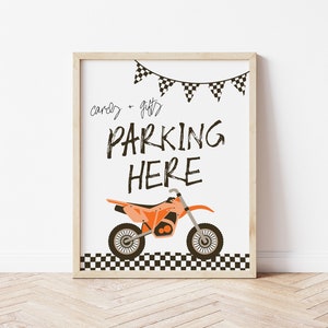 Sjabloon Crossmotorkaarten + Cadeaubord | Bewerkbaar parkeren hier TWEE snel tafelbord verjaardagsfeestje | Afdrukbaar Speedy ONE-decor S396