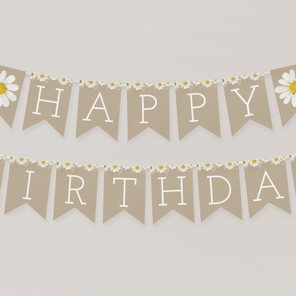 Daisy Happy Birthday Banner Template | Girl 1st Birthday Printable Pendant Sign | Brown Daisy Editable Bday Decor S269