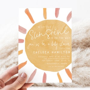 Sunshine Baby Shower Invitation Template | A Little Sunshine is on the Way Editable Invite Muted Sun You are my Sunshine S562
